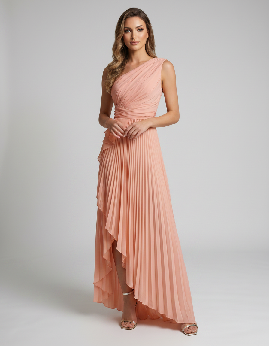 Aureline Maxi Dress by Lauven — pleated satin one shoulder A-line maxi dress with ruffle slit