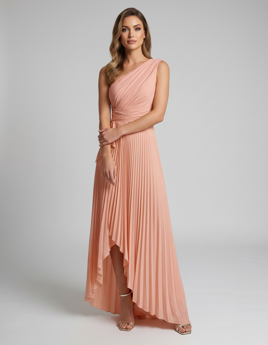 Aureline Maxi Dress by Lauven — pleated satin one shoulder A-line maxi dress with ruffle slit