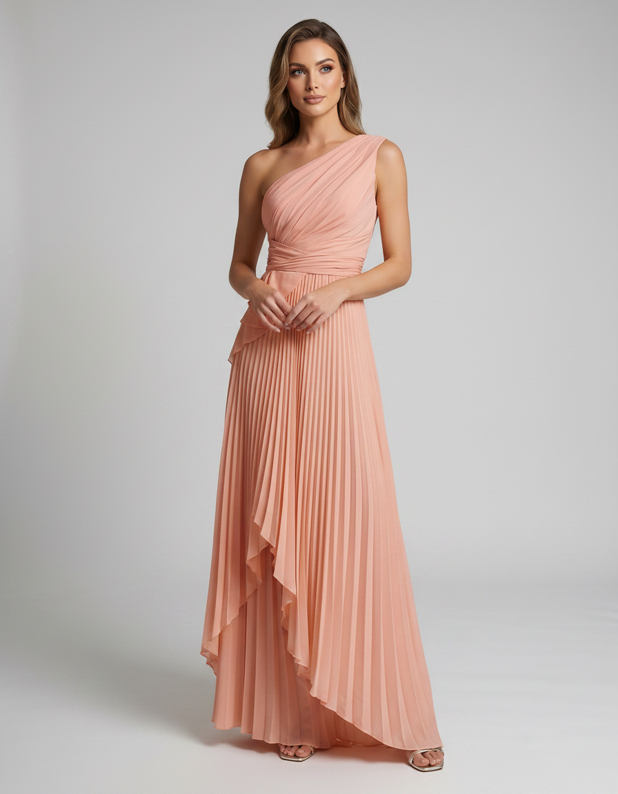 Aureline Maxi Dress by Lauven — pleated satin one shoulder A-line maxi dress with ruffle slit