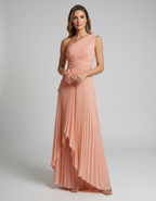 Aureline Maxi Dress by Lauven — pleated satin one shoulder A-line maxi dress with ruffle slit