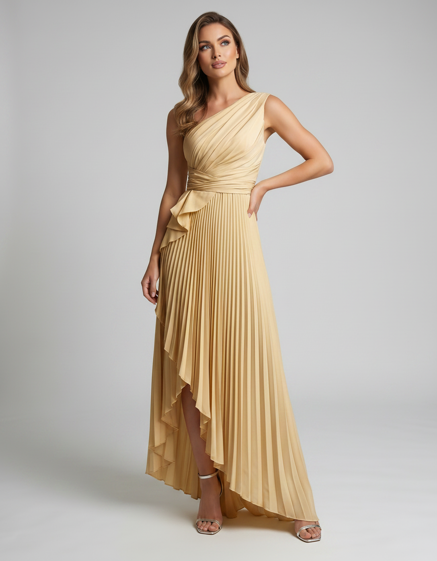 Aureline Maxi Dress by Lauven — pleated satin one shoulder A-line maxi dress with ruffle slit