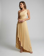 Aureline Maxi Dress by Lauven — pleated satin one shoulder A-line maxi dress with ruffle slit