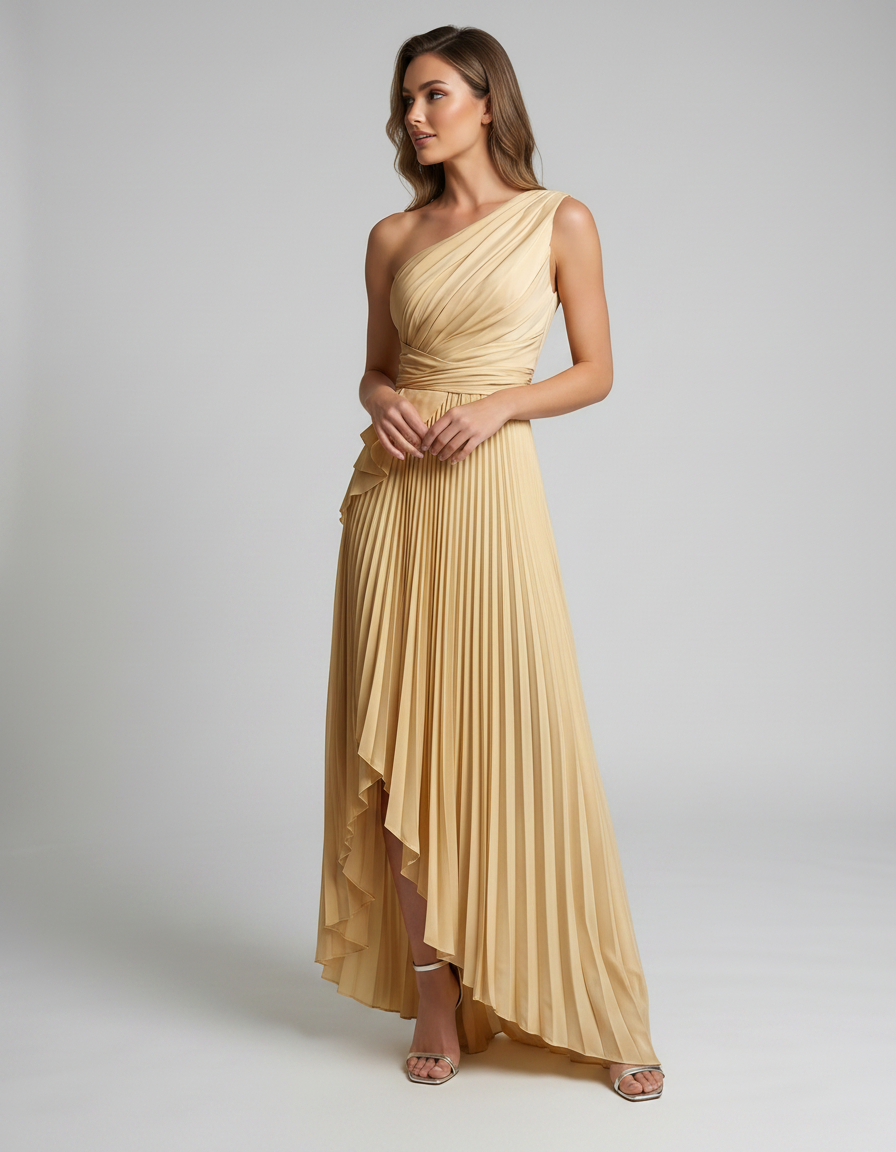 Aureline Maxi Dress by Lauven — pleated satin one shoulder A-line maxi dress with ruffle slit