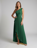 Aureline Maxi Dress by Lauven — pleated satin one shoulder A-line maxi dress with ruffle slit