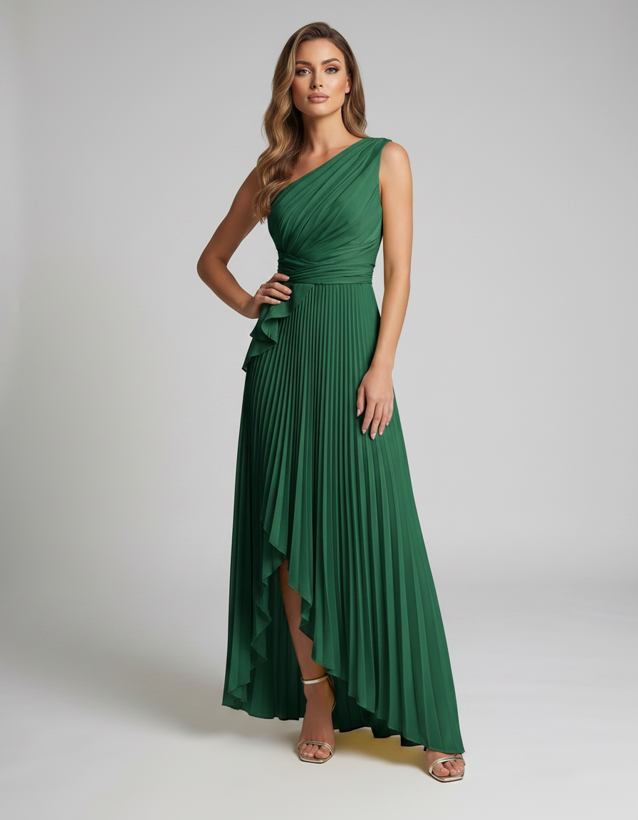 Aureline Maxi Dress by Lauven — pleated satin one shoulder A-line maxi dress with ruffle slit
