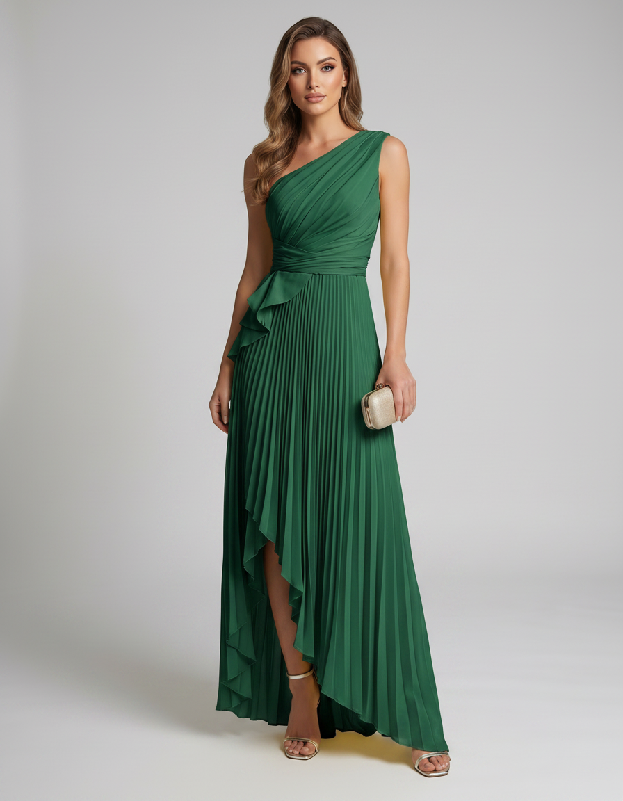 Aureline Maxi Dress by Lauven — pleated satin one shoulder A-line maxi dress with ruffle slit