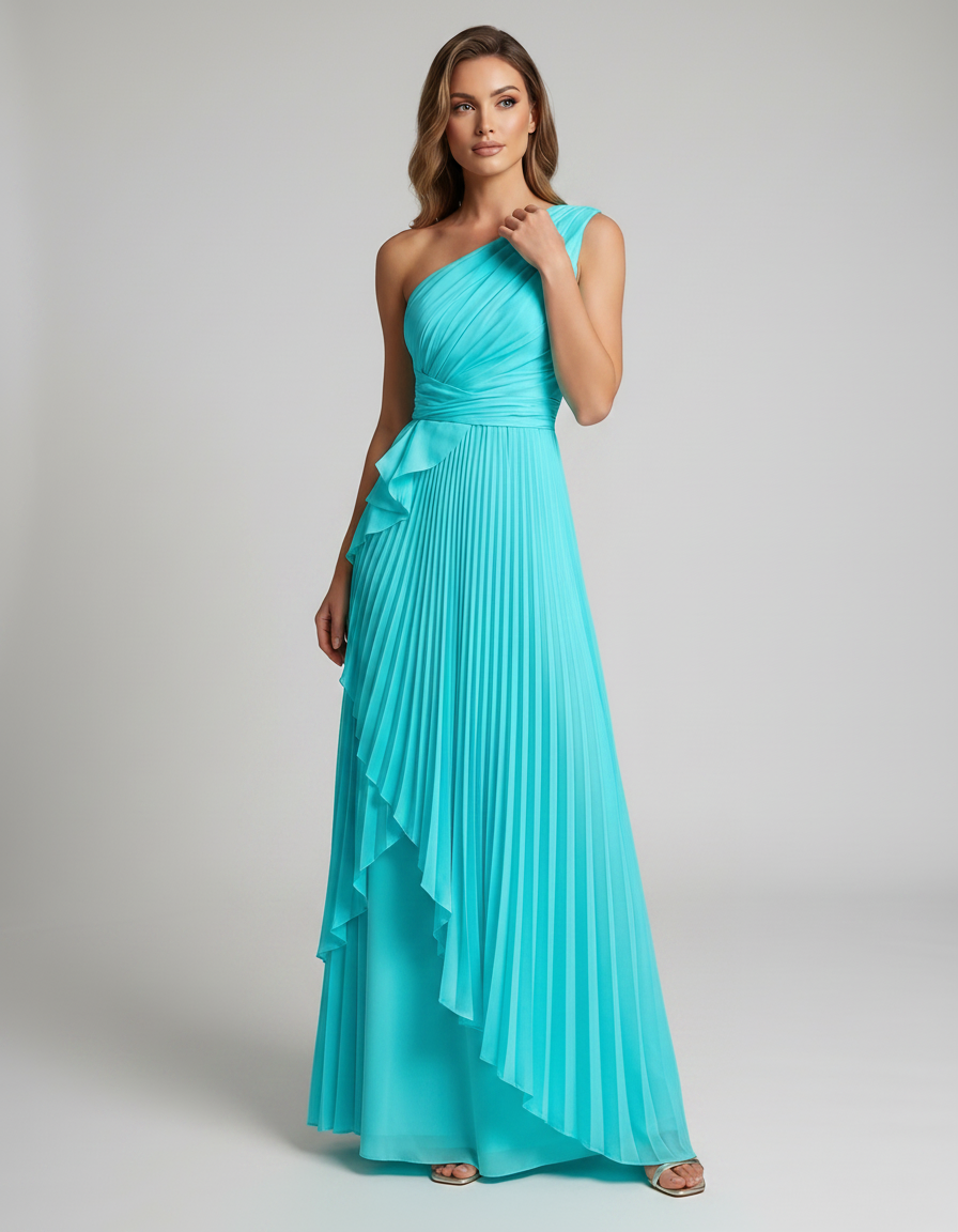 Aureline Maxi Dress by Lauven — pleated satin one shoulder A-line maxi dress with ruffle slit