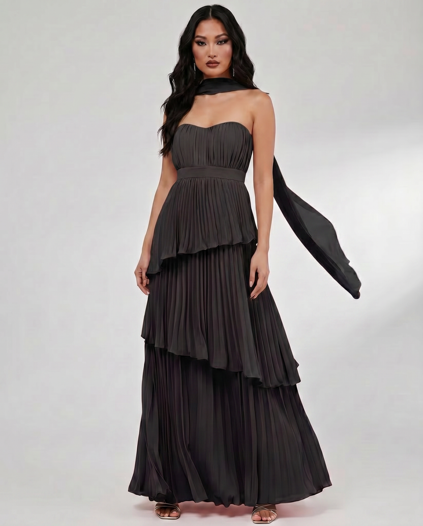 Seraphina Maxi Dress by Lauven — black chiffon strapless sweetheart tiered maxi dress