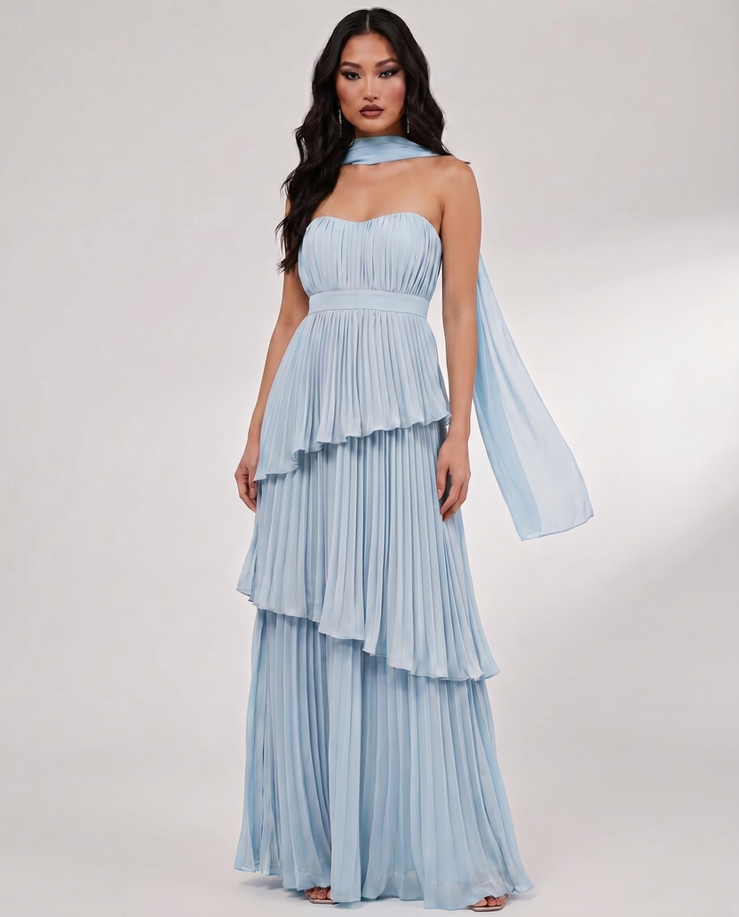 Seraphina Maxi Dress by Lauven — sky blue chiffon strapless sweetheart tiered maxi dress