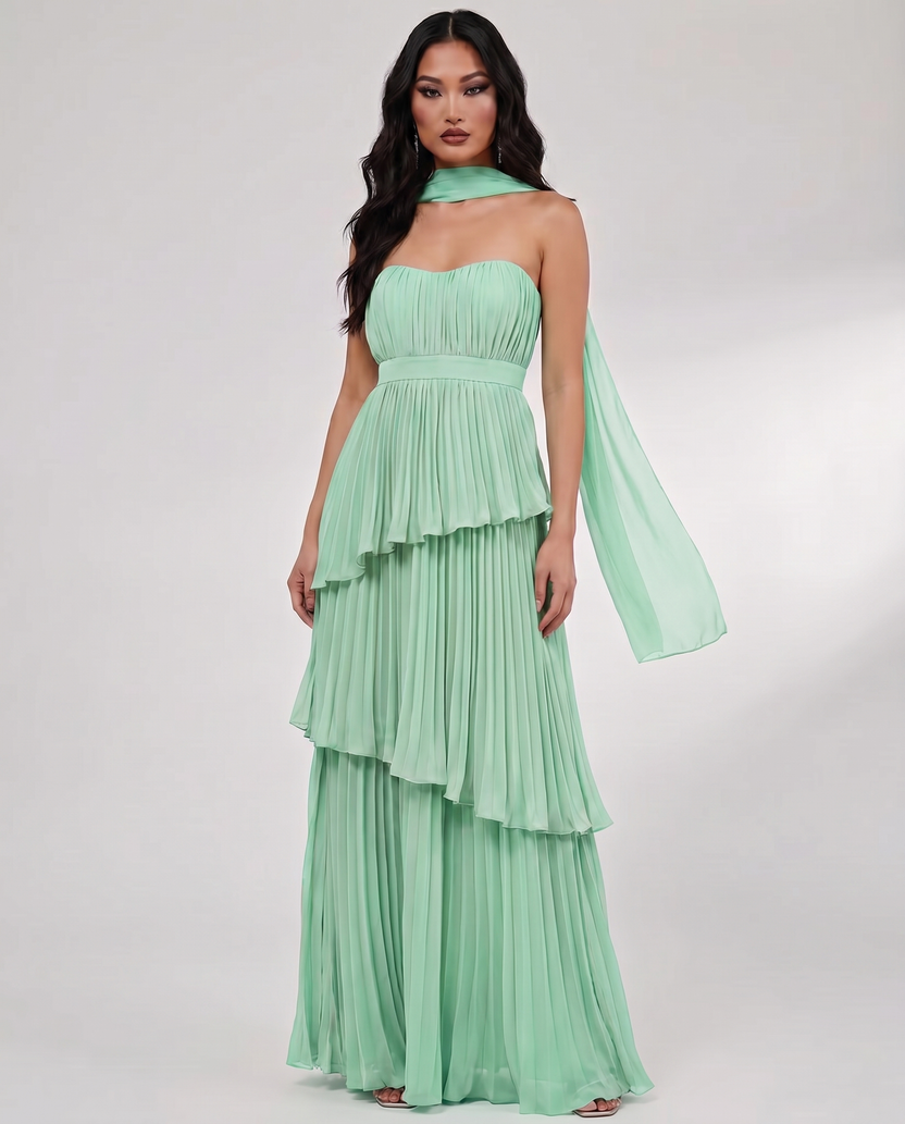 Seraphina Maxi Dress by Lauven — mint chiffon strapless sweetheart tiered maxi dress