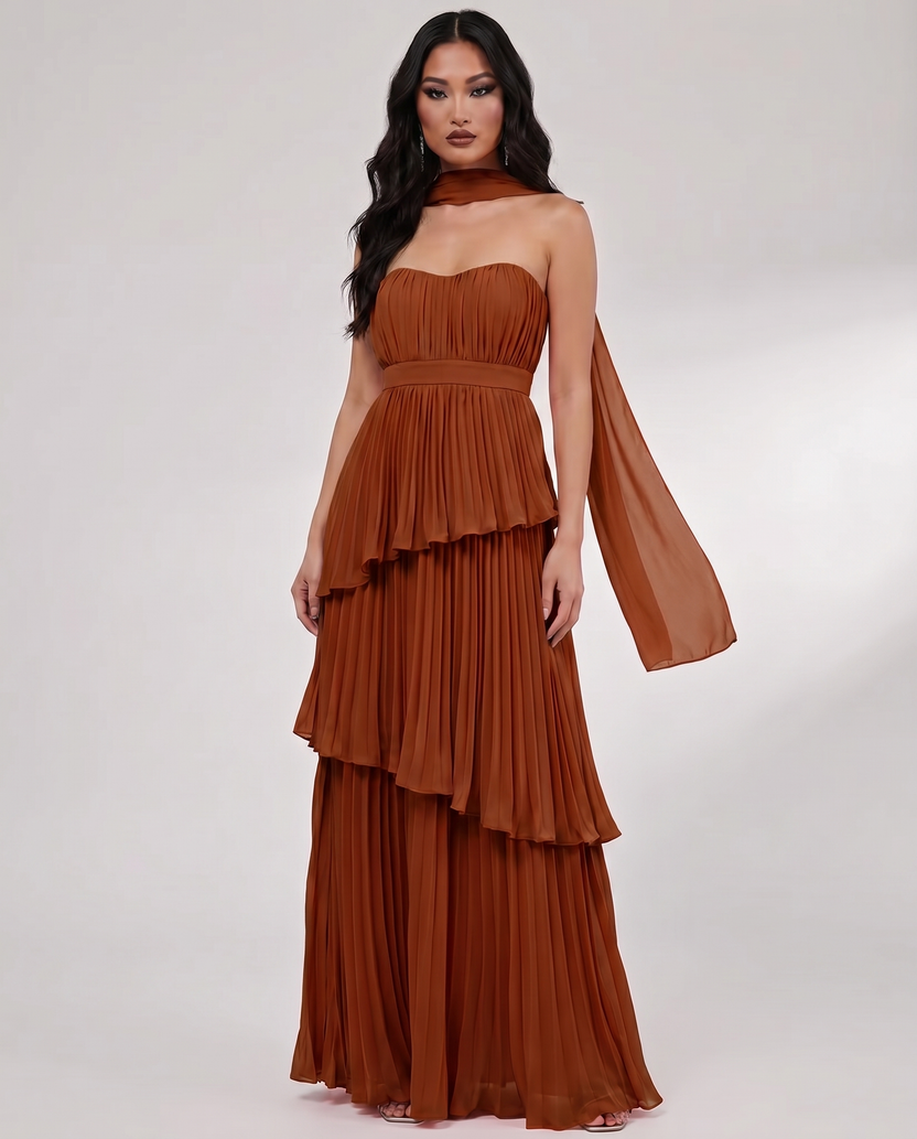 Seraphina Maxi Dress by Lauven — brown chiffon strapless sweetheart tiered maxi dress