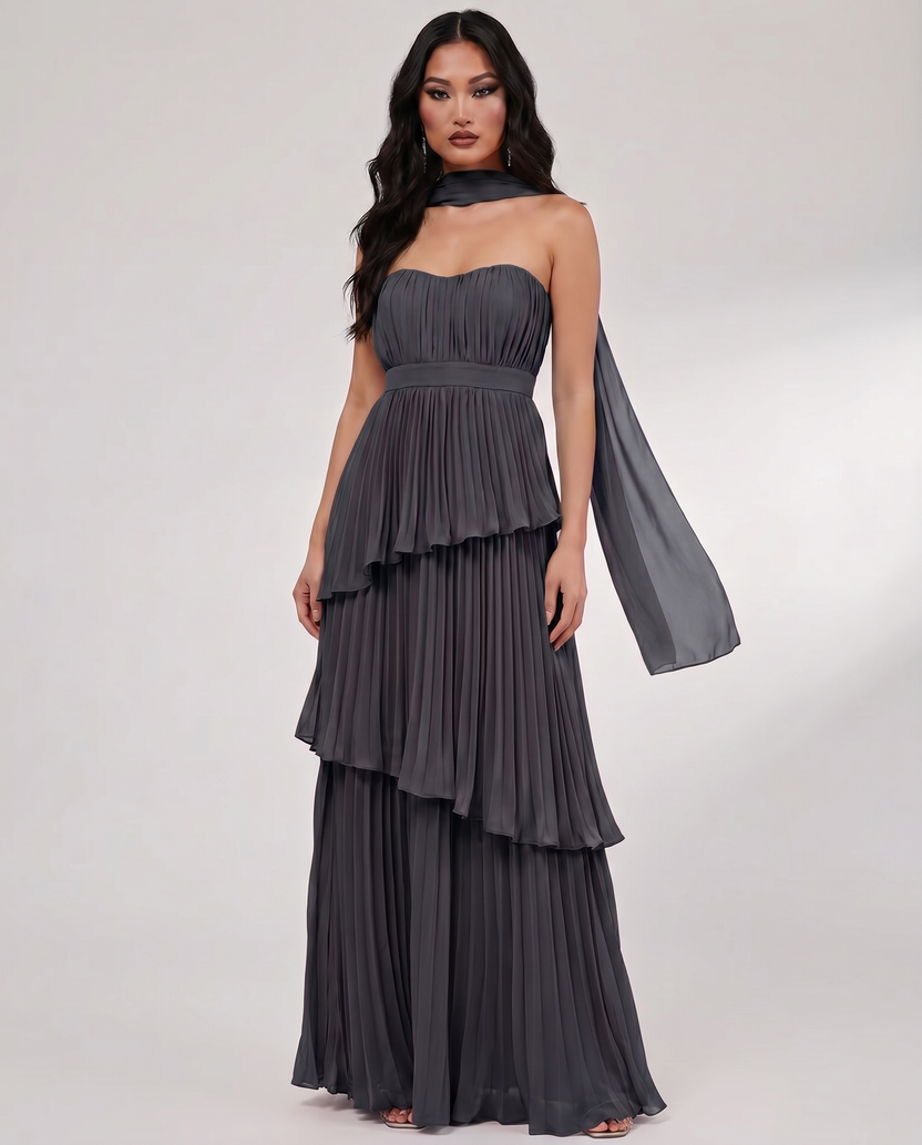 Seraphina Maxi Dress by Lauven — navy chiffon strapless sweetheart tiered maxi dress