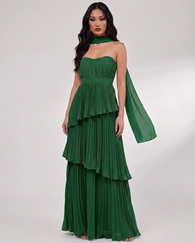 Seraphina Maxi Dress by Lauven — green chiffon strapless sweetheart tiered maxi dress