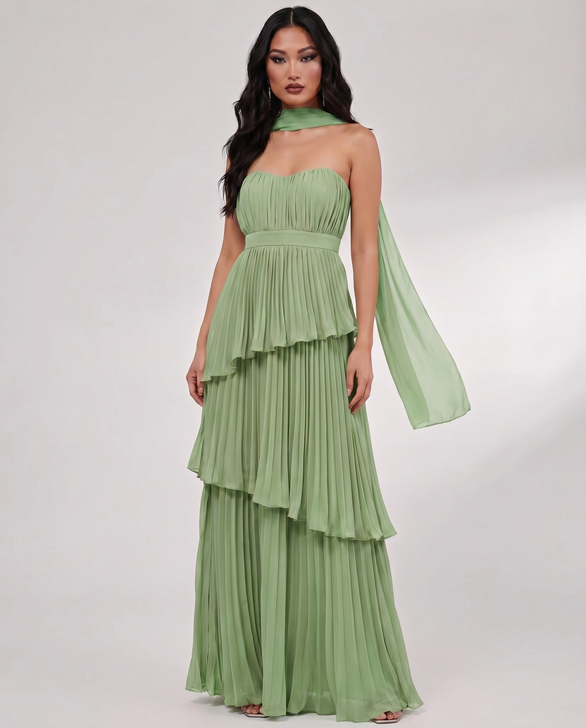 Seraphina Maxi Dress by Lauven — sage green chiffon strapless sweetheart tiered maxi dress