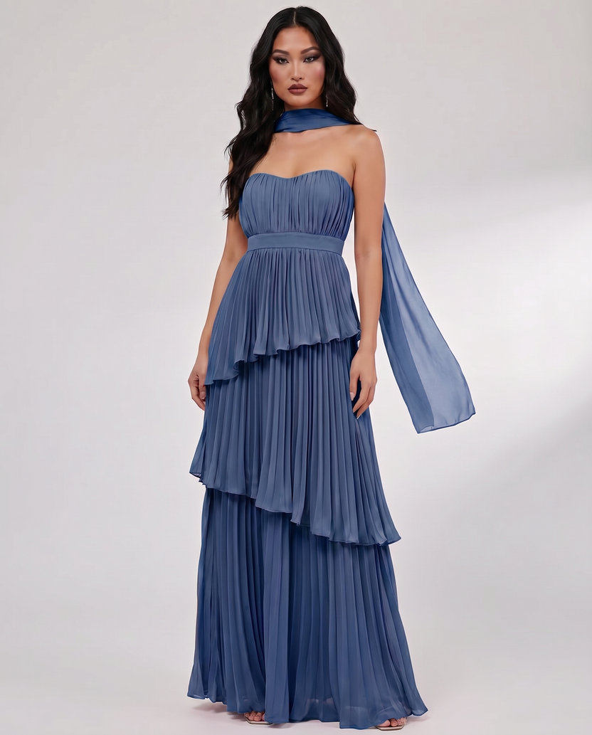 Seraphina Maxi Dress by Lauven — dusty blue chiffon strapless sweetheart tiered maxi dress