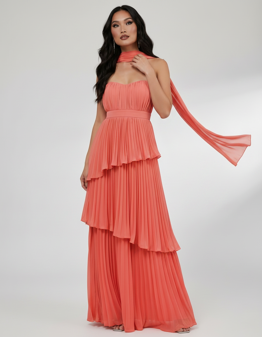 Seraphina Maxi Dress by Lauven — chiffon strapless sweetheart tiered maxi dress