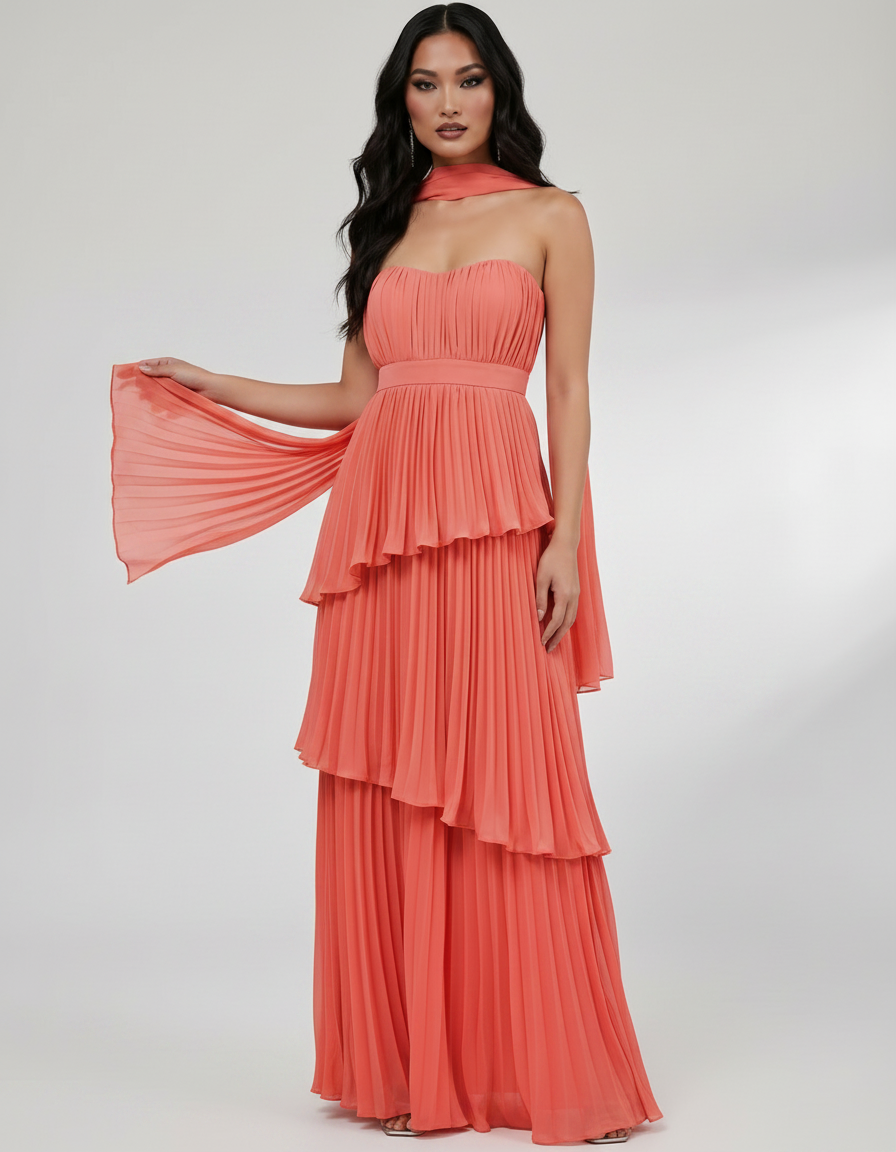 Seraphina Maxi Dress by Lauven — chiffon strapless sweetheart tiered maxi dress