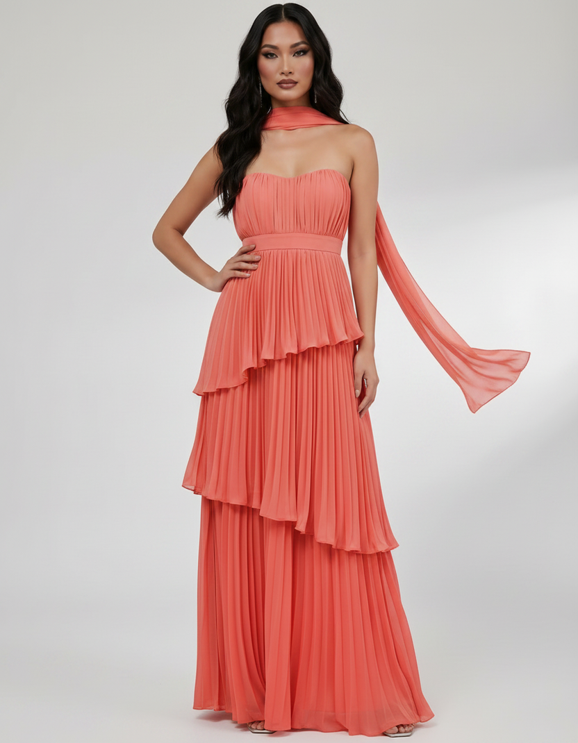 Seraphina Maxi Dress by Lauven — chiffon strapless sweetheart tiered maxi dress