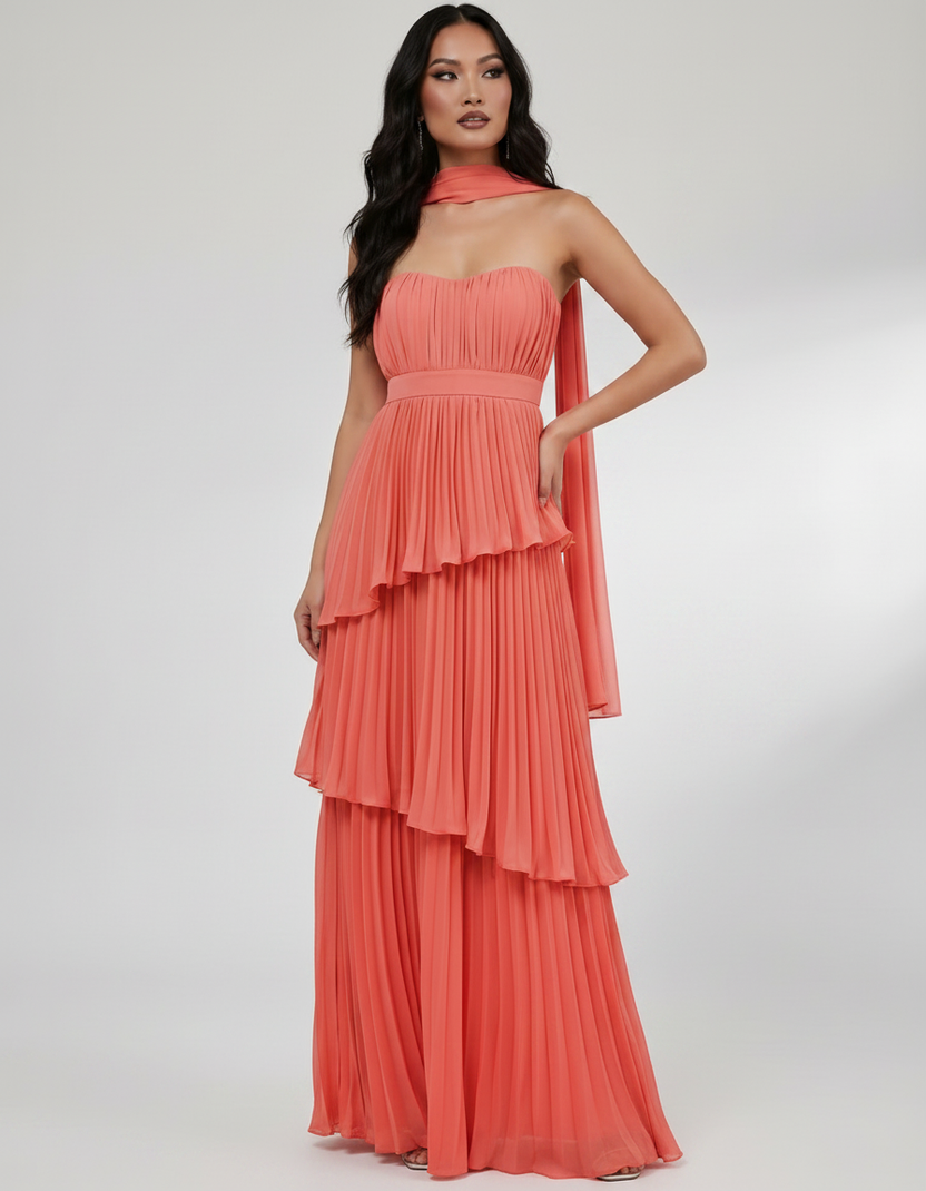 Seraphina Maxi Dress by Lauven — chiffon strapless sweetheart tiered maxi dress