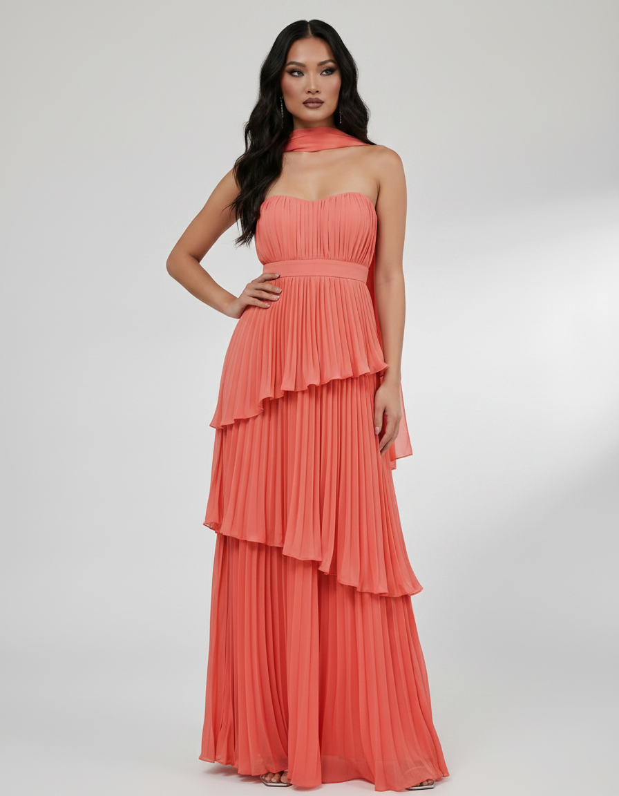 Seraphina Maxi Dress by Lauven — chiffon strapless sweetheart tiered maxi dress