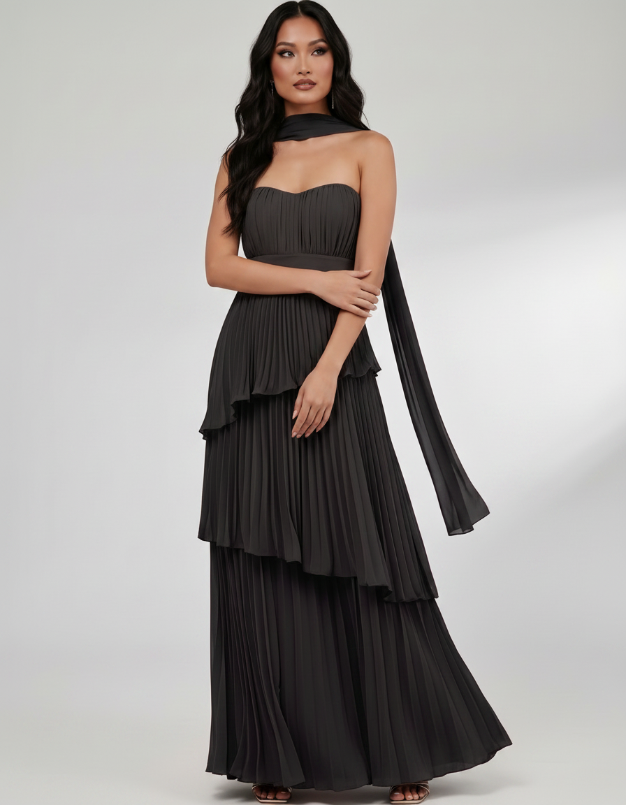 Seraphina Maxi Dress by Lauven — chiffon strapless sweetheart tiered maxi dress