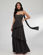 Seraphina Maxi Dress by Lauven — chiffon strapless sweetheart tiered maxi dress