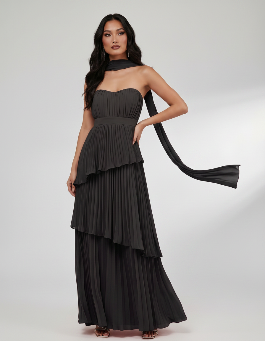 Seraphina Maxi Dress by Lauven — chiffon strapless sweetheart tiered maxi dress