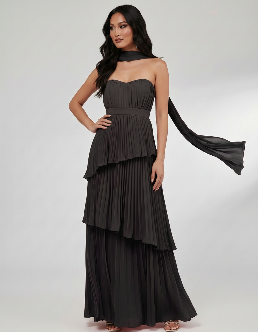 Seraphina Maxi Dress by Lauven — chiffon strapless sweetheart tiered maxi dress