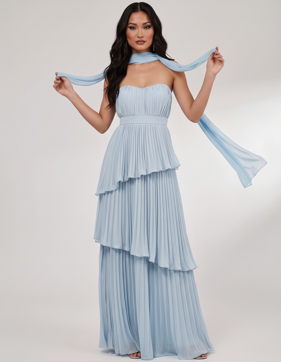 Seraphina Maxi Dress by Lauven — chiffon strapless sweetheart tiered maxi dress