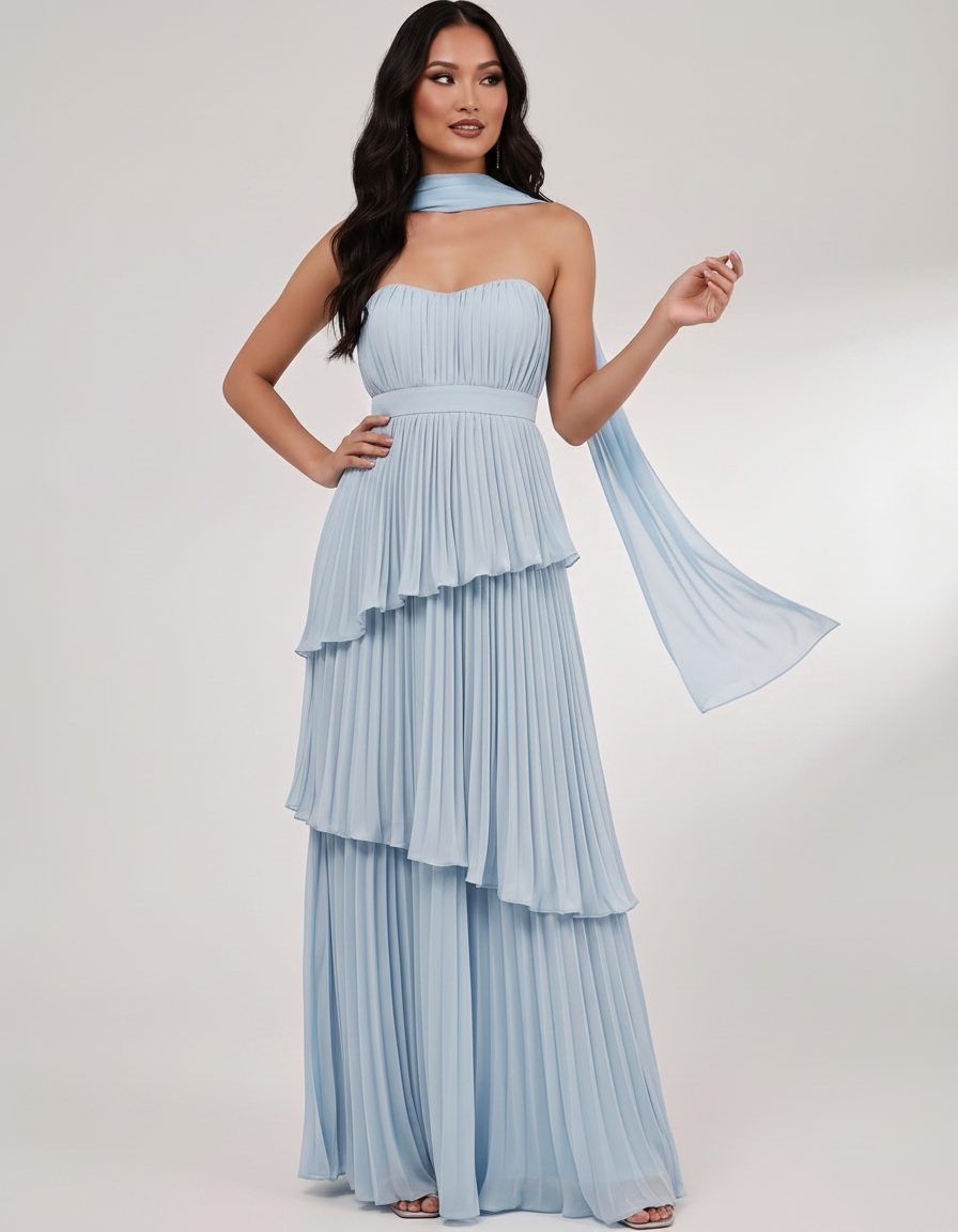 Seraphina Maxi Dress by Lauven — chiffon strapless sweetheart tiered maxi dress