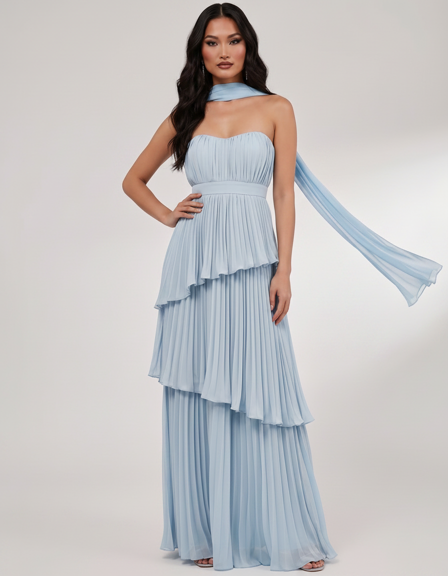 Seraphina Maxi Dress by Lauven — chiffon strapless sweetheart tiered maxi dress