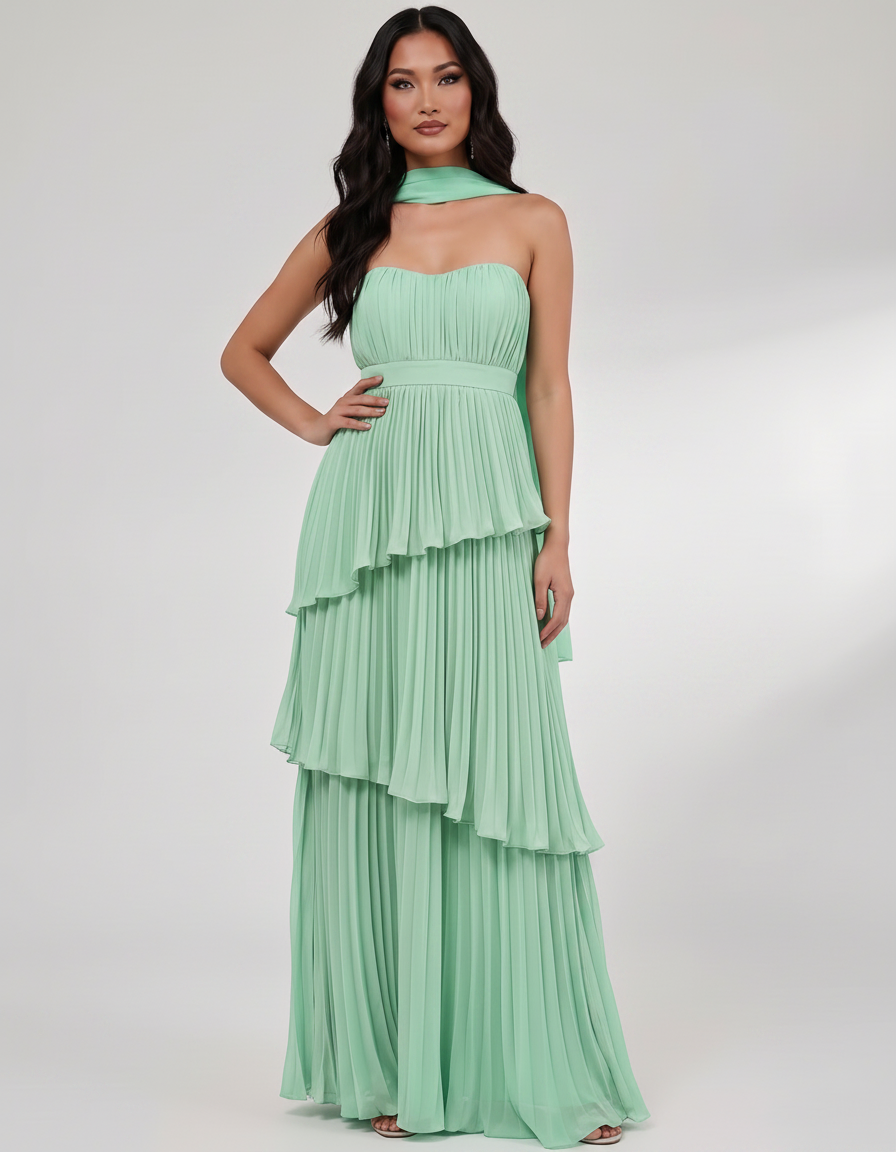 Seraphina Maxi Dress by Lauven — chiffon strapless sweetheart tiered maxi dress