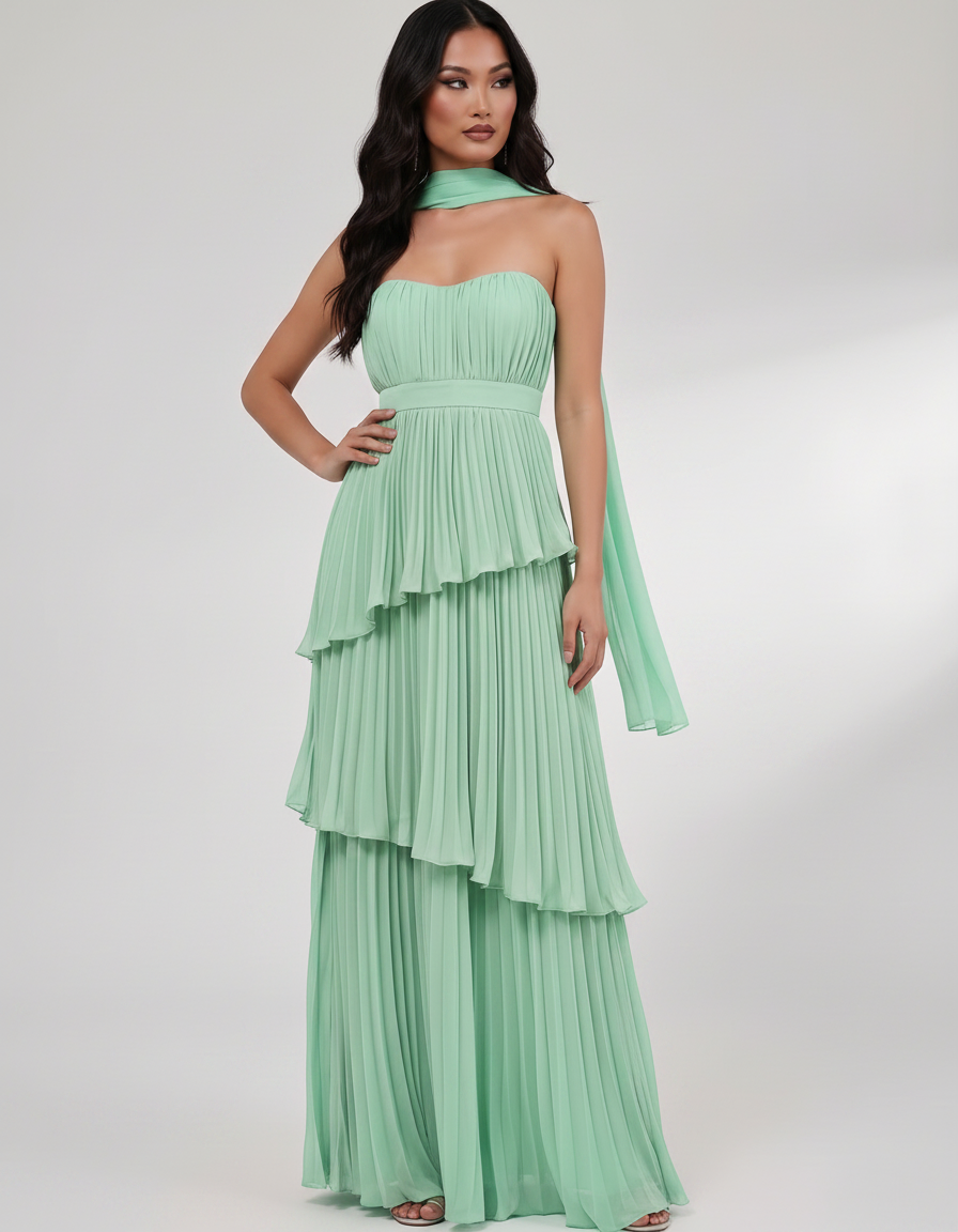 Seraphina Maxi Dress by Lauven — chiffon strapless sweetheart tiered maxi dress