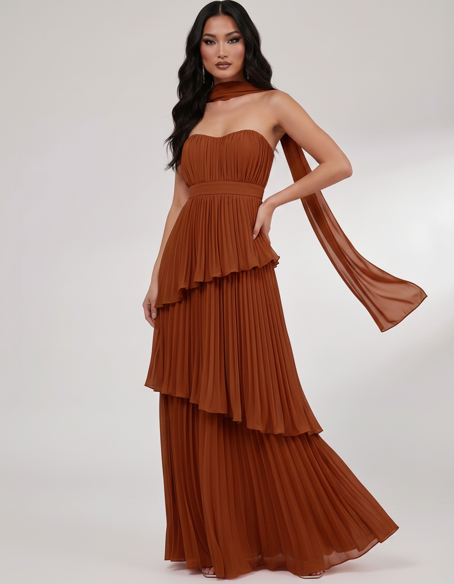 Seraphina Maxi Dress by Lauven — chiffon strapless sweetheart tiered maxi dress