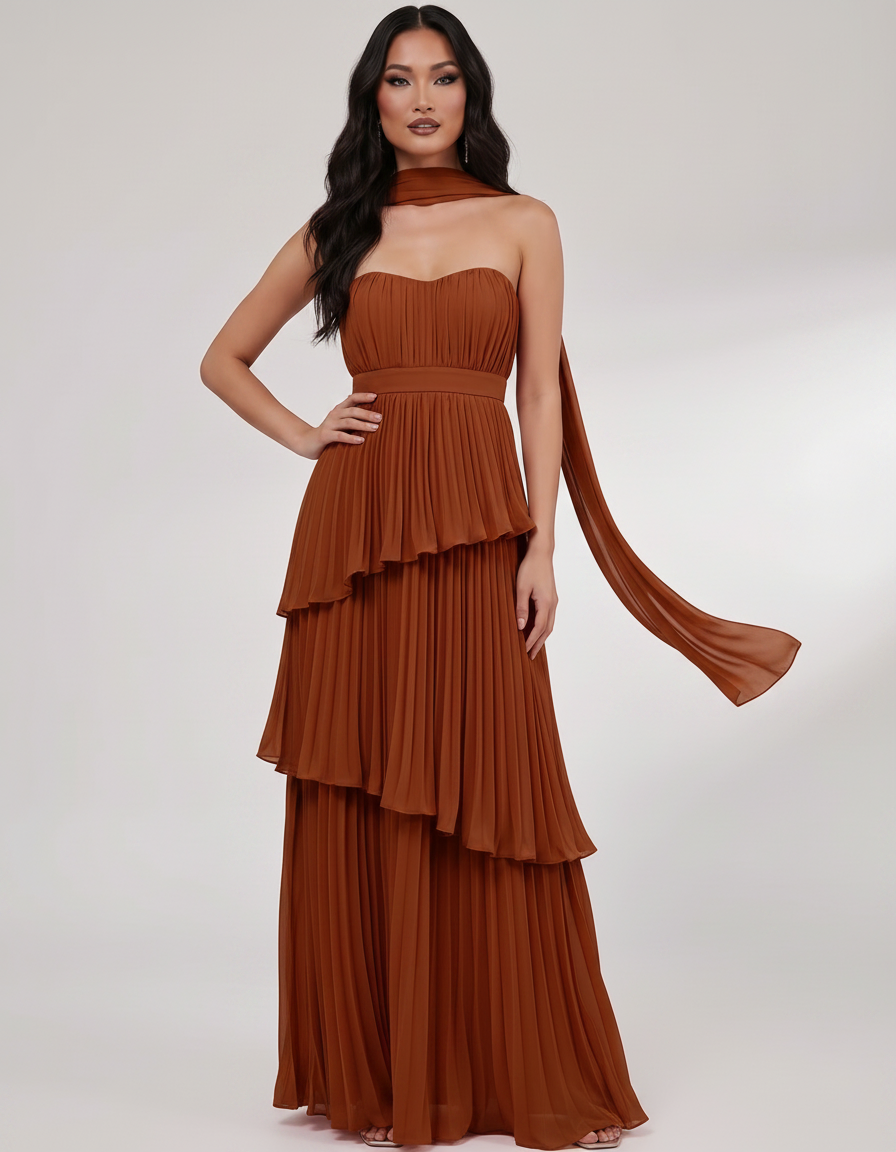 Seraphina Maxi Dress by Lauven — chiffon strapless sweetheart tiered maxi dress