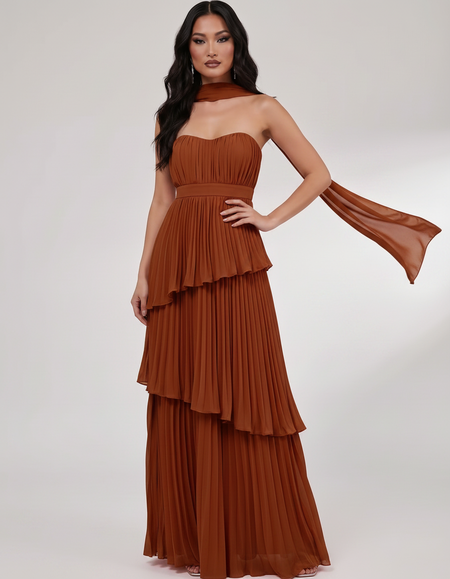 Seraphina Maxi Dress by Lauven — chiffon strapless sweetheart tiered maxi dress