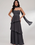 Seraphina Maxi Dress by Lauven — chiffon strapless sweetheart tiered maxi dress