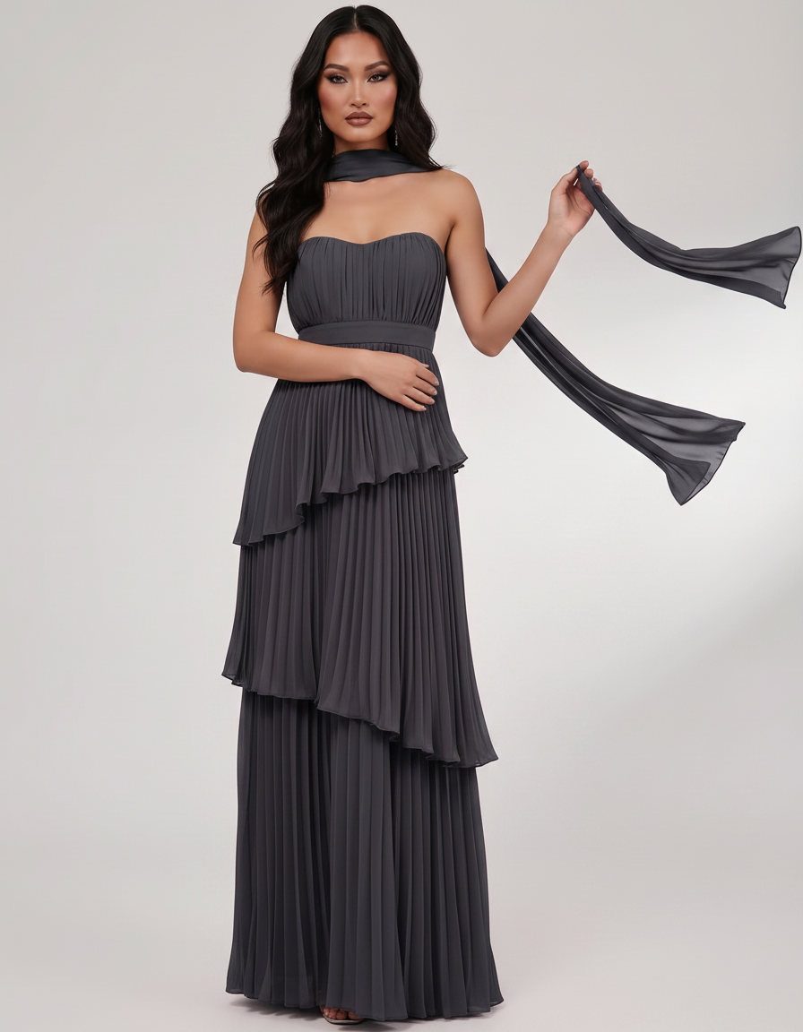 Seraphina Maxi Dress by Lauven — chiffon strapless sweetheart tiered maxi dress