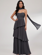 Seraphina Maxi Dress by Lauven — chiffon strapless sweetheart tiered maxi dress