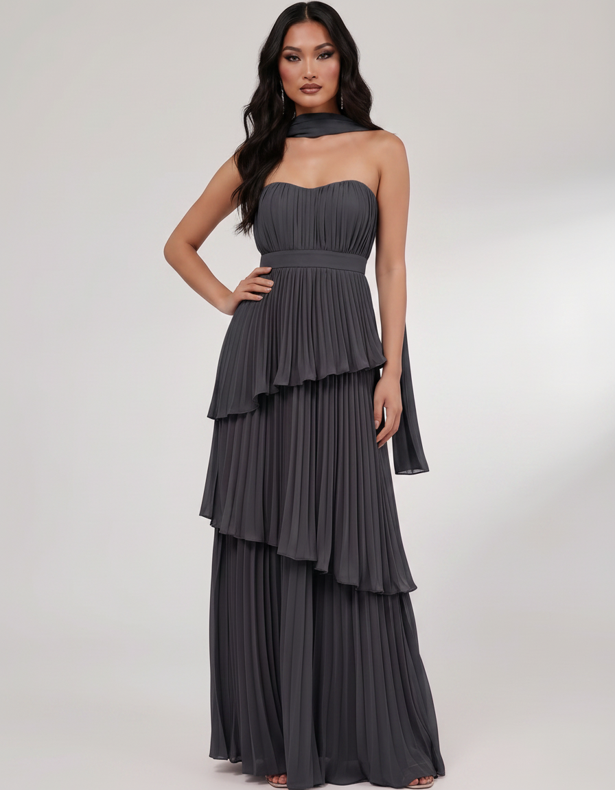 Seraphina Maxi Dress by Lauven — chiffon strapless sweetheart tiered maxi dress