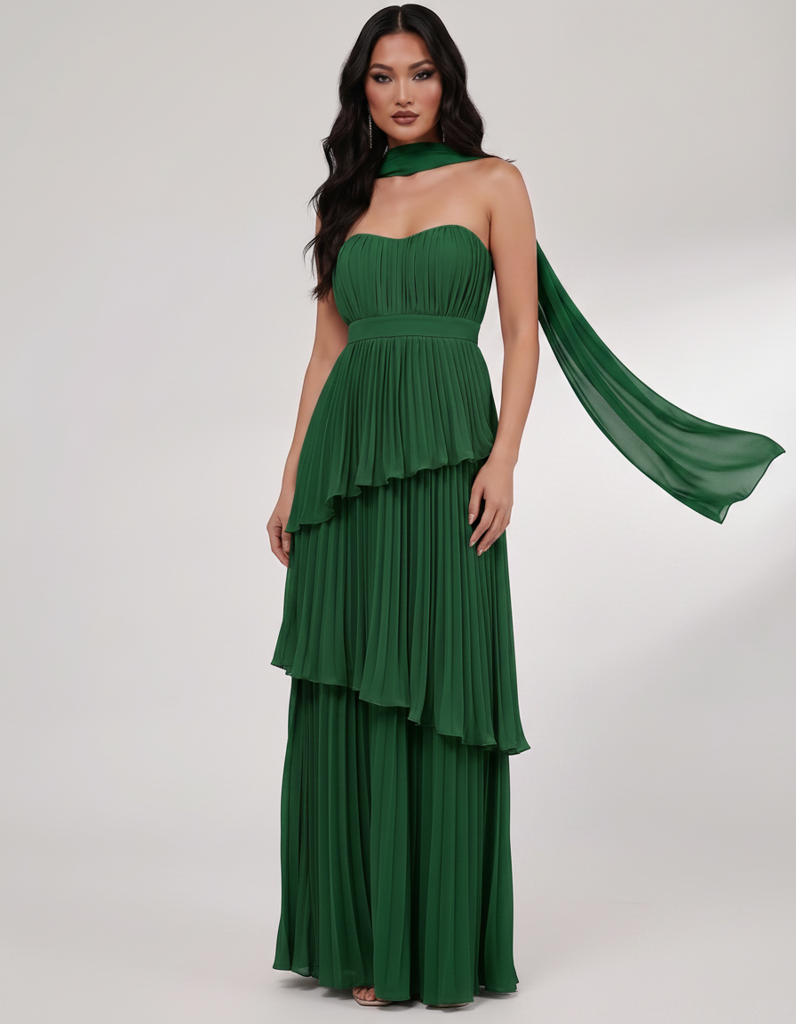 Seraphina Maxi Dress by Lauven — chiffon strapless sweetheart tiered maxi dress