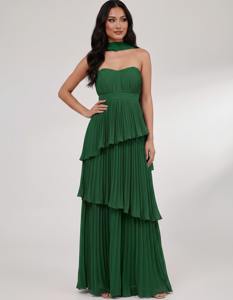 Seraphina Maxi Dress by Lauven — chiffon strapless sweetheart tiered maxi dress
