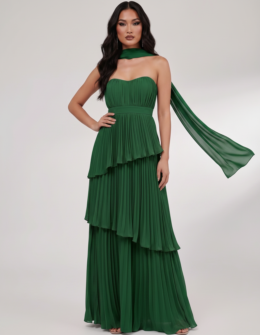 Seraphina Maxi Dress by Lauven — chiffon strapless sweetheart tiered maxi dress