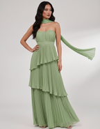 Seraphina Maxi Dress by Lauven — chiffon strapless sweetheart tiered maxi dress