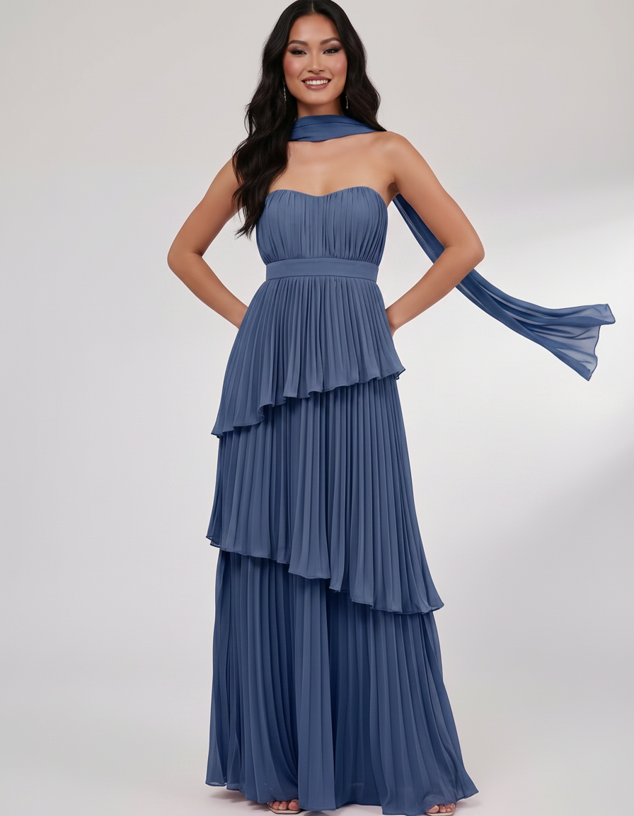 Seraphina Maxi Dress by Lauven — chiffon strapless sweetheart tiered maxi dress