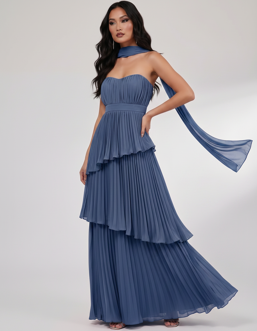 Seraphina Maxi Dress by Lauven — chiffon strapless sweetheart tiered maxi dress