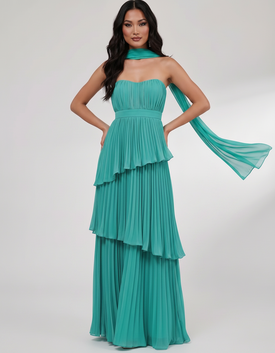 Seraphina Maxi Dress by Lauven — chiffon strapless sweetheart tiered maxi dress