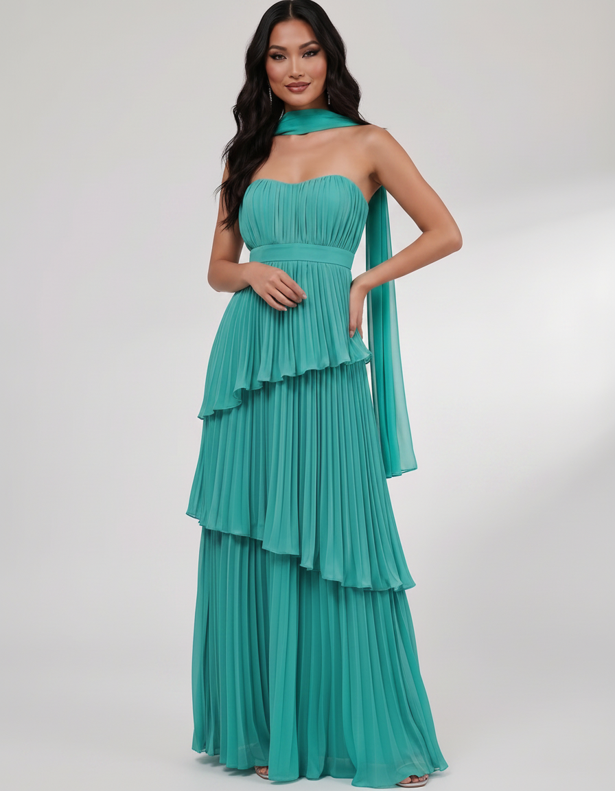 Seraphina Maxi Dress by Lauven — chiffon strapless sweetheart tiered maxi dress
