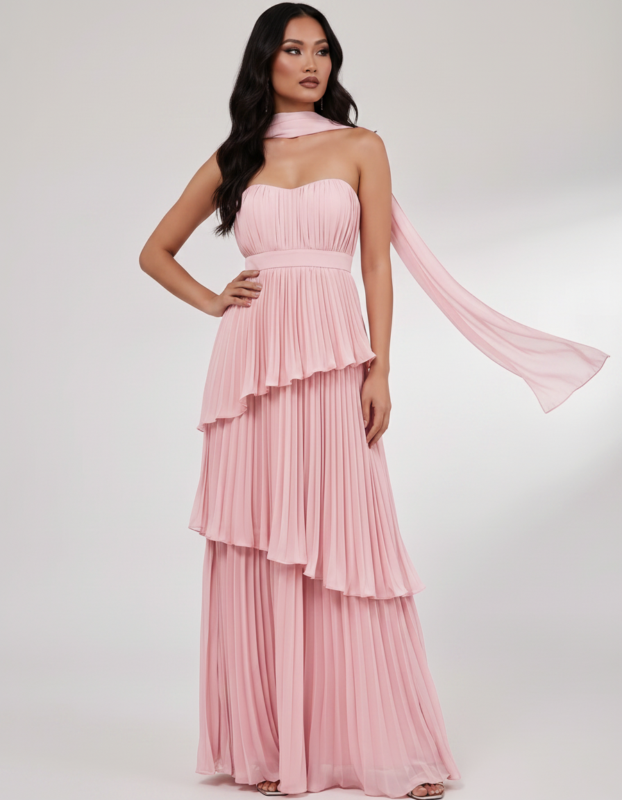 Seraphina Maxi Dress by Lauven — chiffon strapless sweetheart tiered maxi dress