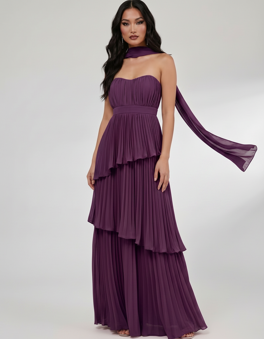Seraphina Maxi Dress by Lauven — chiffon strapless sweetheart tiered maxi dress